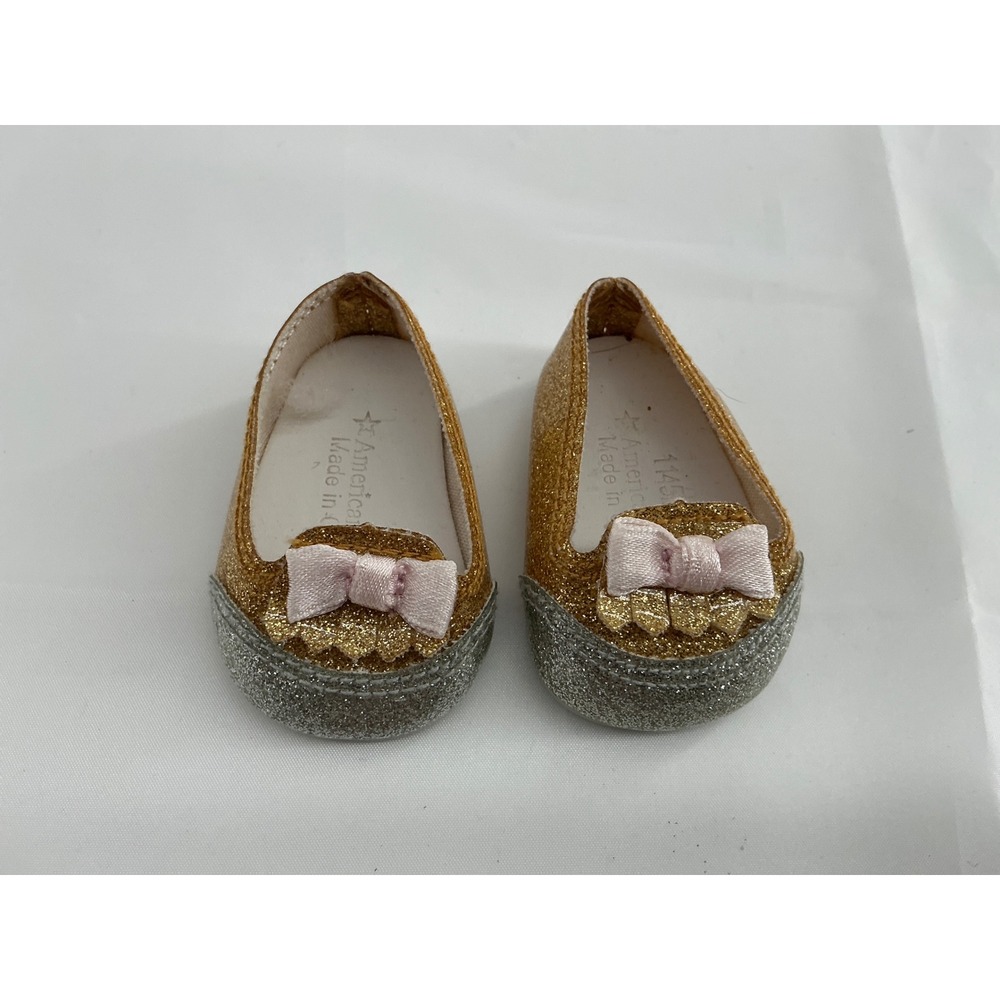 American Girl Doll Gold Silver Glitter Bow Flats Shoes for 18 Inch Dolls